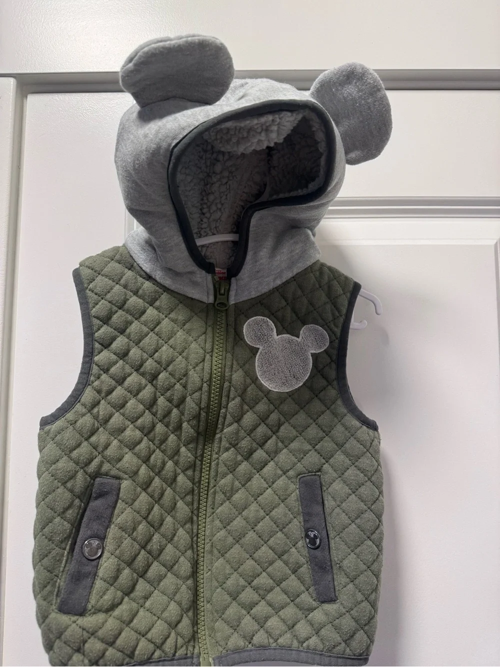 Disney Mickey Mouse Olive Green Quilted Hooded Vest with ears on hood!